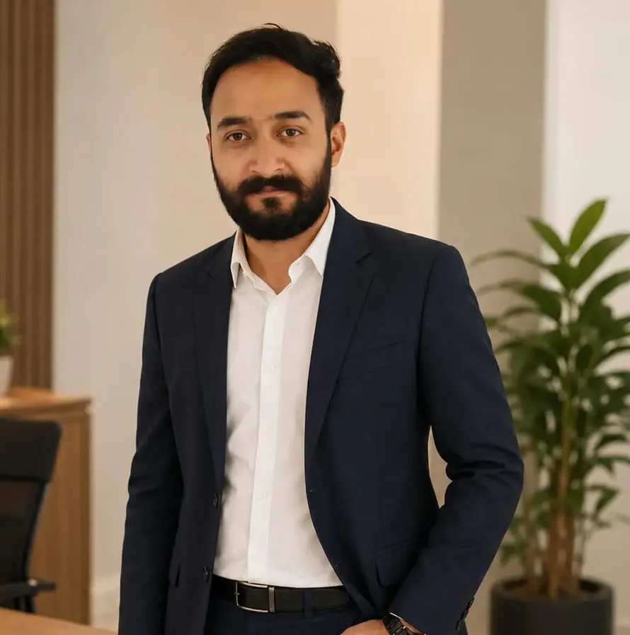 Keval V - Web Design Company & Digital Marketing Agency In Dubai, UAE Man in a navy suit posing in a modern office, with one hand in his pocket and a watch visible at the wrist.
