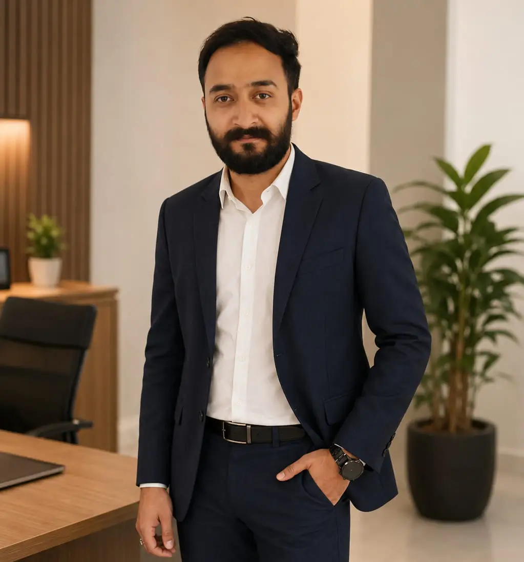 Keval V - Web Design Company & Digital Marketing Agency In Dubai, UAE Man in a navy suit posing in a modern office, with one hand in his pocket and a watch visible at the wrist.